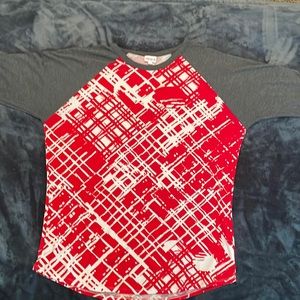 LuLaRoe Randy Tee: Red and White Grid with Grey Sleeves (2XL)